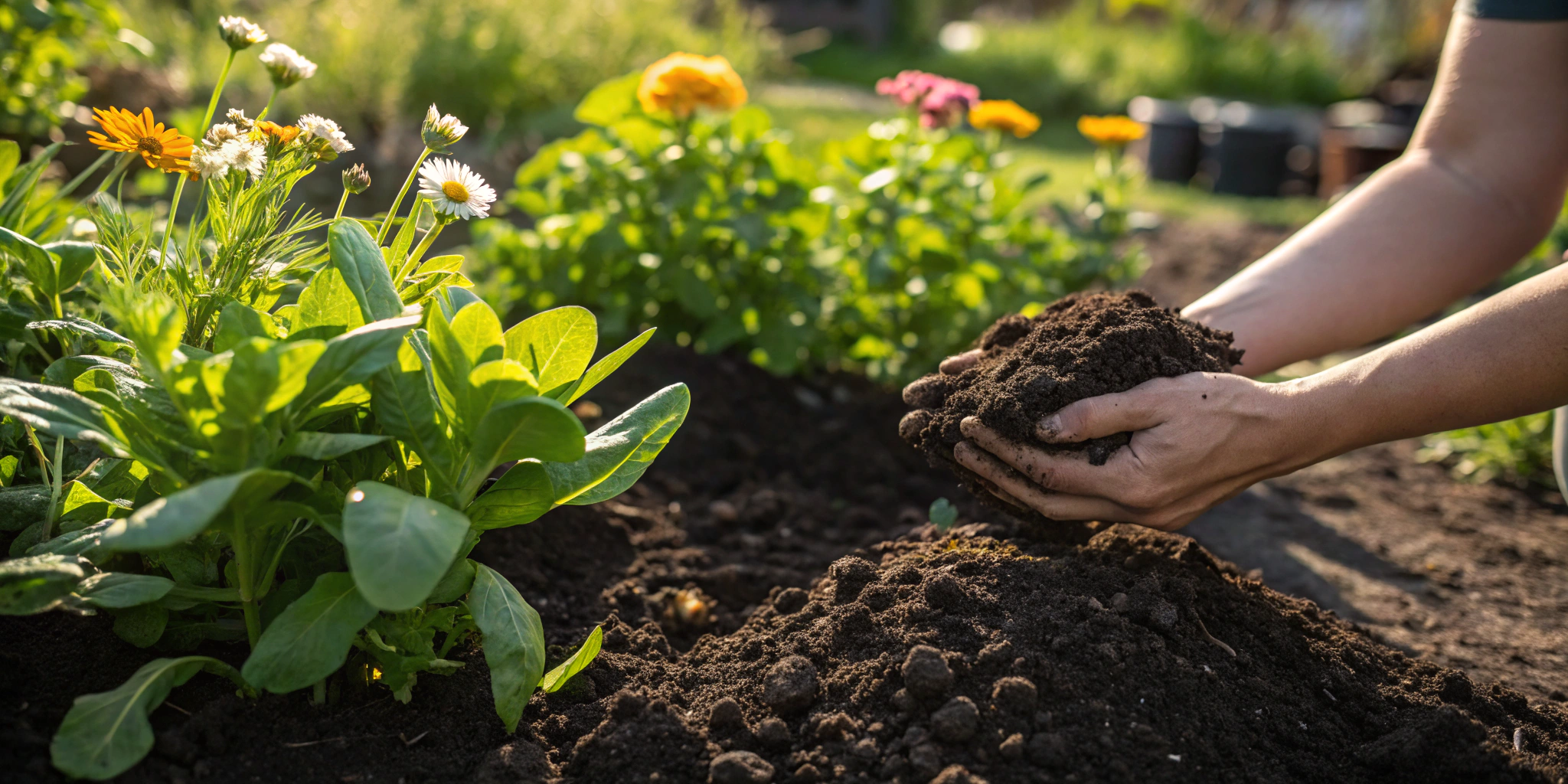 a person's hands holding vermicompost in a garden