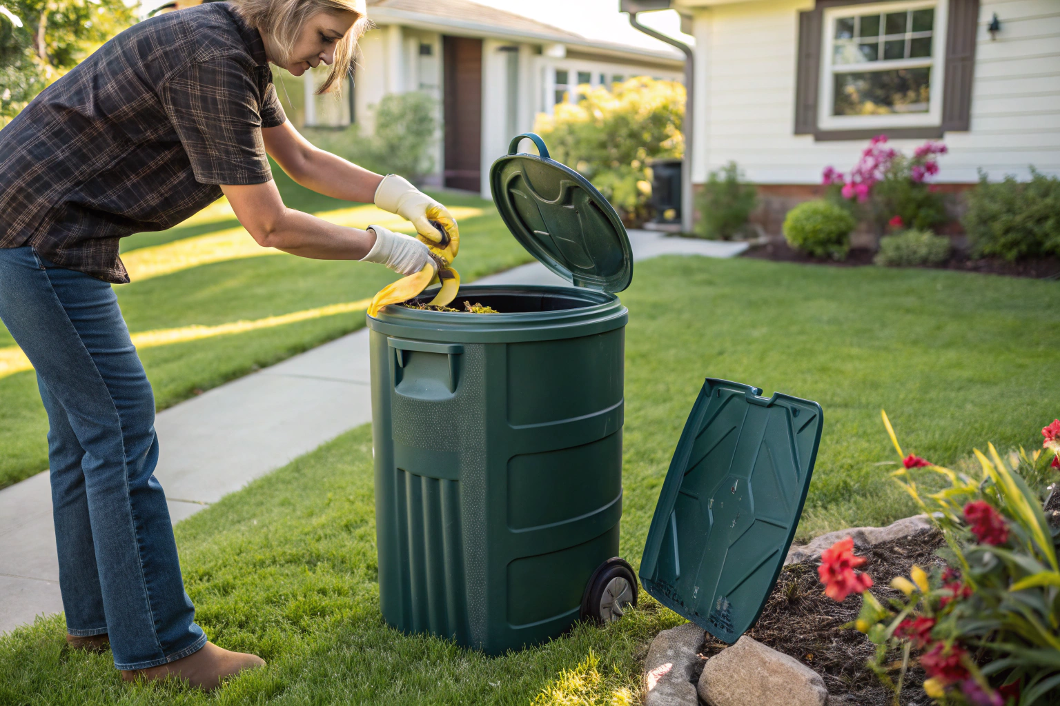 a woman putting kitchen waste in the compost bin