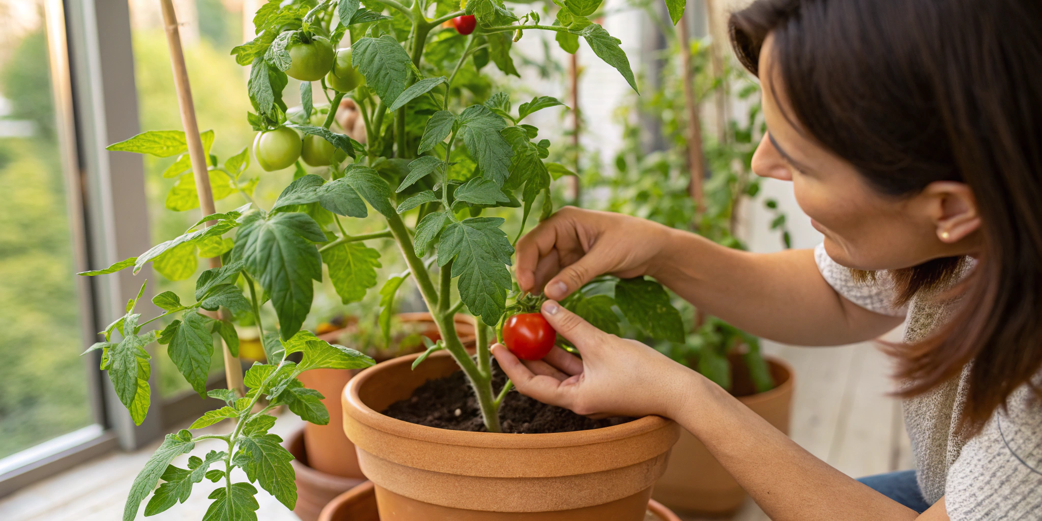 Woman plucking healthy tomato showing Benefits of Phosphorus in Plants